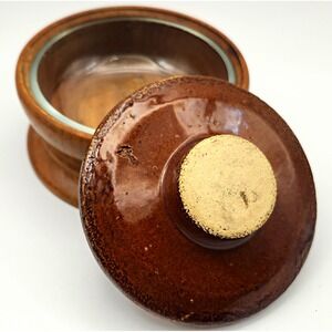 Vintage Mid-Century 3-Piece Wood & Stoneware Lidded Dish with Glass Liner